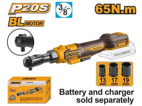 INGCO Akkus ütvecsavarozó 3/8" 65 Nm szénkefe nélküli 20 V (akku és töltő nélkül)