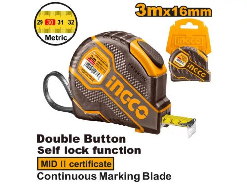 INGCO Mérőszalag 3 m x 16 mm gumírozott
