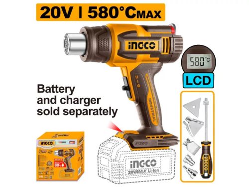 INGCO Akkus hőlégfúvó 580°C LCD kijelző 20 V (akku és töltő nélkül)