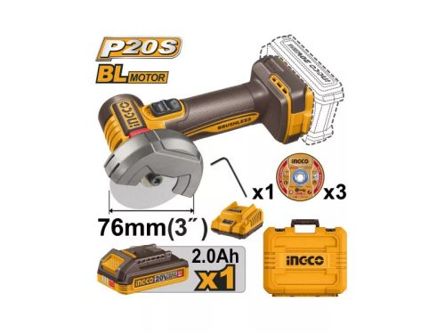 INGCO Akkus vágószerszám 76 mm szénkefe nélküli 20 V (1 x 2,0 Ah akku + töltő)