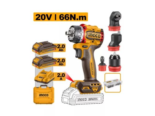 INGCO Akkus fúrócsavarozó 66 Nm multi-tokmány szénkefe nélküli 20 V (2 x 2,0 Ah akku + töltő)