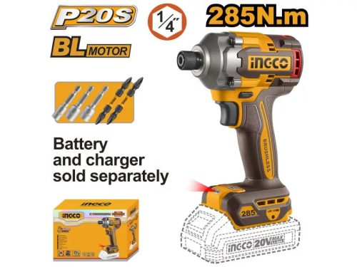 INGCO Akkus ütvecsavarozó 1/4" 285 Nm szénkefe nélküli 20 V (akku és töltő nélkül)