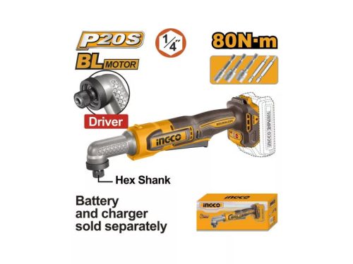 INGCO Akkus sarok ütvecsavarozó 1/4" 80 Nm szénkefe nélküli 20 V (akku és töltő nélkül)
