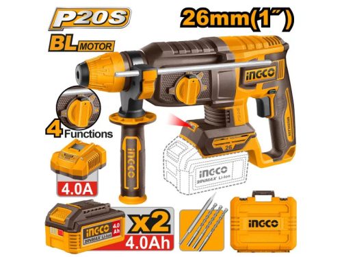 INGCO Akkus kombikalapács 2,5 J SDS-Plus szénkefe nélküli 20 V (2 x 4,0 Ah akku + töltő)