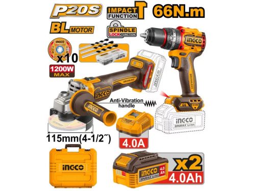 INGCO Akkus erőcsomag 20 V Ütvefúró-csavarozó 66 Nm+Sarokcsiszoló 115 mm (2 db akku + töltő)