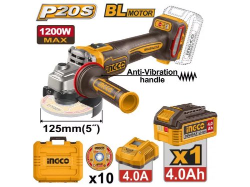 INGCO Akkus sarokcsiszoló 125 mm szénkefe nélküli 20 V (1 x 4,0 Ah akku + töltő)